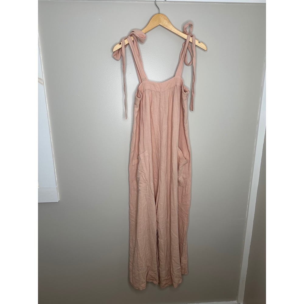 Bird and Knoll Women's Pink Linen Blend Tie Strap Wide Leg Jumpsuit Size‎ S